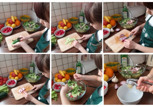 Amelia kroi warzywa do sałatki.